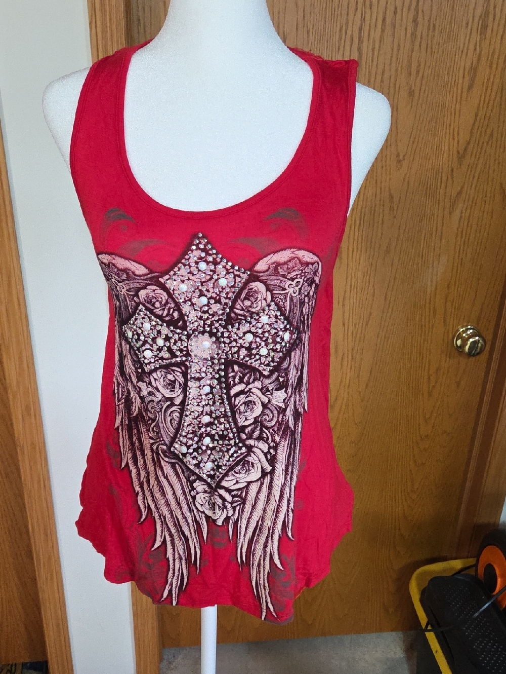 #15 Red Women's Sleeveless Rhinestone Cross With Wings Tank Top